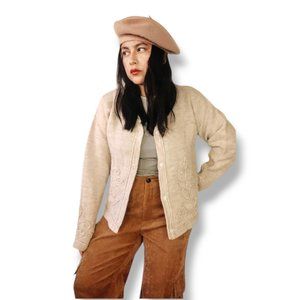 Vintage made in Hong Kong floral embroidered neutral beige 100% wool cardigan